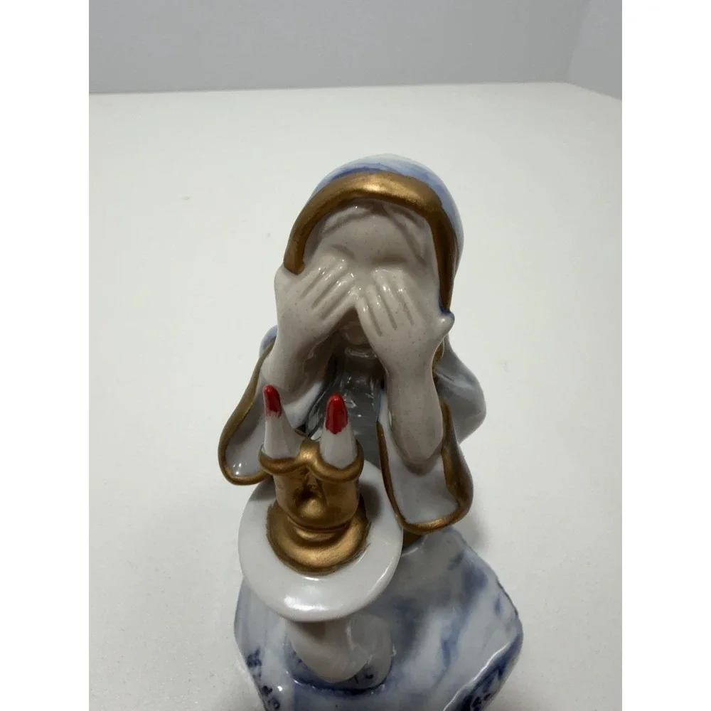 White & Blue Ceramic Sculpture A Woman is Blessing For Shabbat Candles 6.5